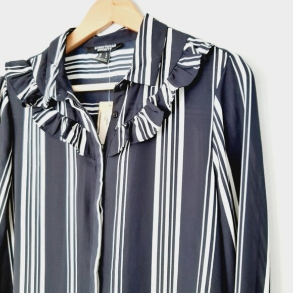 STREETWEAR SOCIETY Ruffle Collar Button Down Striped Shirt Top B&W Sz L - Picture 5 of 13